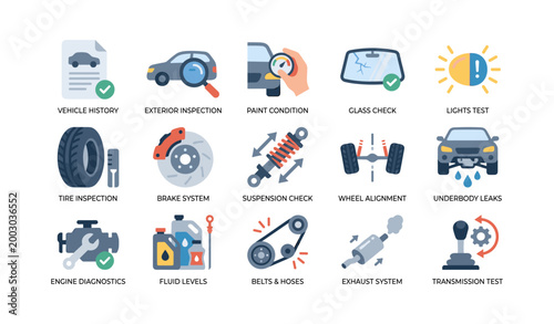 Vehicle inspection icons showing checks and maintenance tests