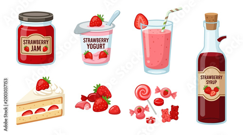 Strawberry food products animation set featuring jam yogurt smoothie cake candy and syrup items for a vibrant graphic motion clip