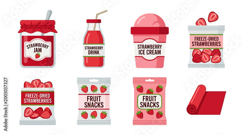 Various strawberry products and snacks appear in this vibrant motion animation clip displaying delicious berry treats for healthy food marketing