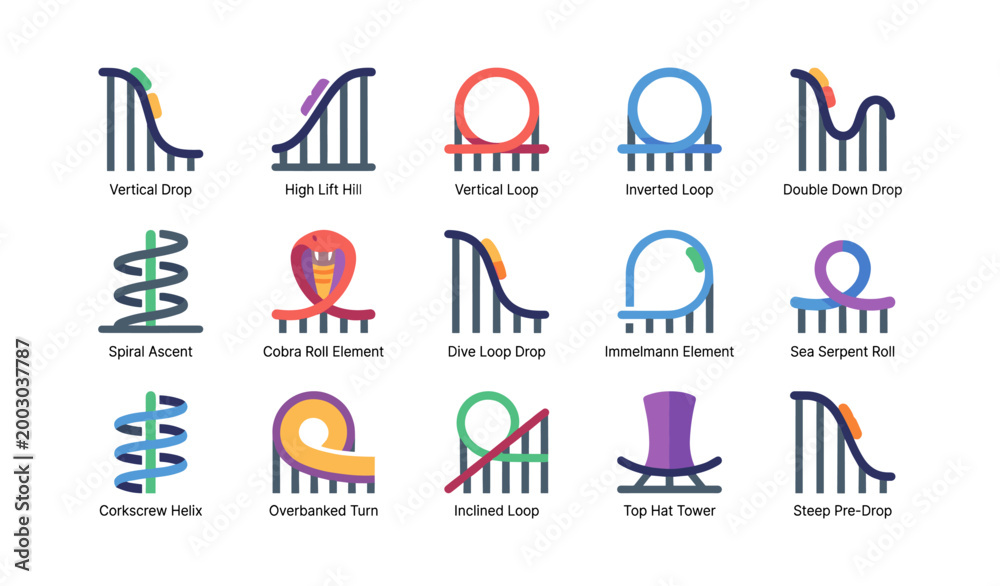 Fototapeta premium Roller coaster elements arranged in labeled grid layout