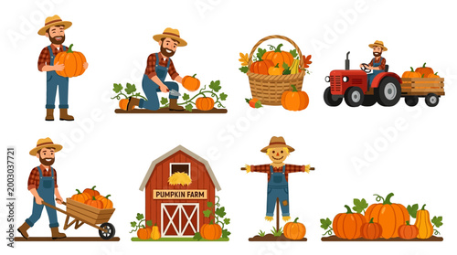 Cheerful farmer harvesting ripe pumpkins and driving tractor in this animated motion footage showcasing seasonal agricultural work on farmland estates