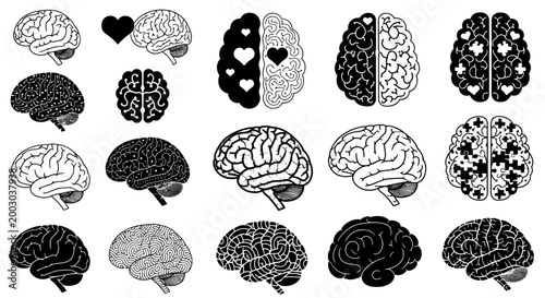 Assorted Brain Icon Set in Black and White for Graphic Resources.