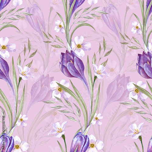 Seamless watercolor pattern with vertical rows of purple crocuses and delicate white flowers. The illustration is on a pink background, which creates a romantic spring atmosphere. The repeating