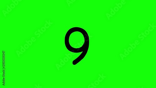 Numerical ten digits to number 9 animation black on greenbox. Green screen isolateed numbers counter. Numeral figure cartoon animation dynamic stop motion.