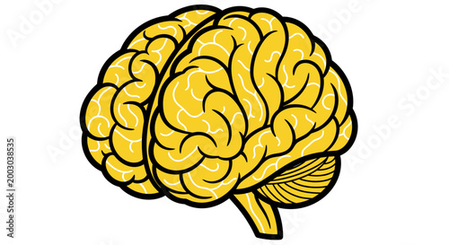 Cartoon Brain Illustration in Yellow Tones Highlighting Cerebrum and Cognitive Imagery.