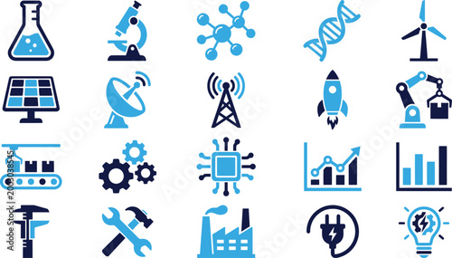 Science technology industry and innovation icons set representing research engineering and progress vector.