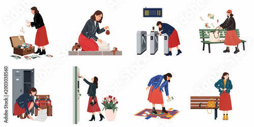 Fotografie Collection of character illustrations depicting a clumsy woman facing various everyday mishaps, stressful situations, and minor accidents while traveling, commuting, and at home