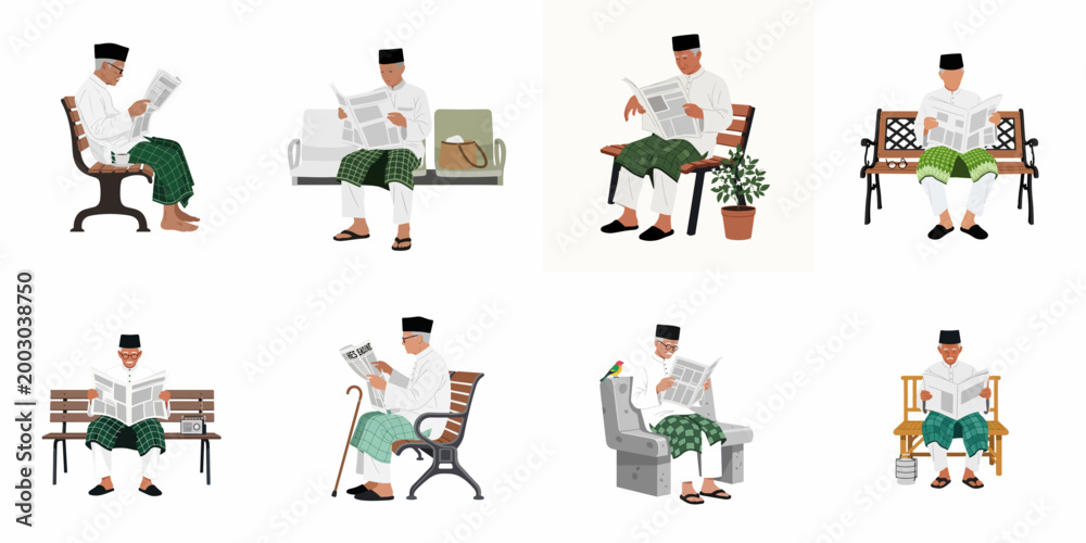 Fototapeta premium Collection of Vector Illustrations Featuring an Elderly Malay Man in Traditional Baju Melayu Sitting on Various Benches While Reading a Newspaper
