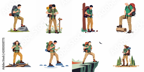 Collection of flat vector illustrations depicting a male hiker with a backpack in various outdoor trekking and camping situations on a white background.