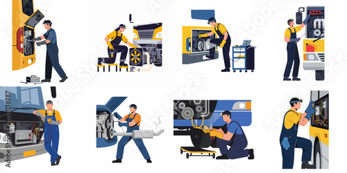 Canvas-taulu Professional mechanics repairing and maintaining various parts of large buses and trucks in a flat vector illustration set