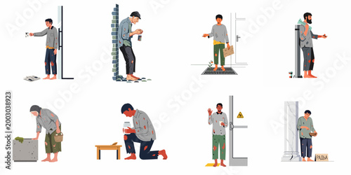 Set of vector illustrations depicting homeless and impoverished people in various situations begging for help and food.