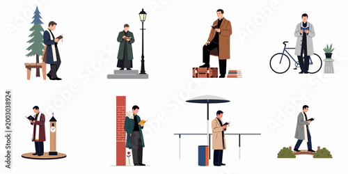 Flat vector illustration set of a priest or clergyman reading a book in various outdoor and urban settings, including park, street, and travel scenarios.