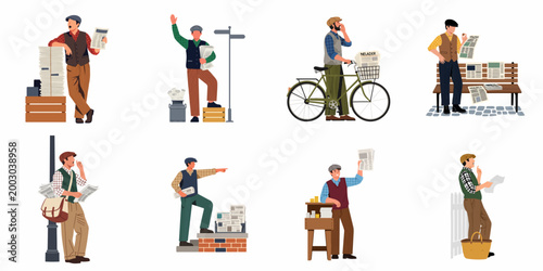 Set of vintage flat illustrations of newsboys in traditional outfits selling and delivering newspapers on street corners, benches, and bicycles.