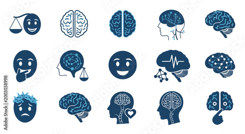 Set of blue vector icons featuring brains, heads, and cognitive themes.