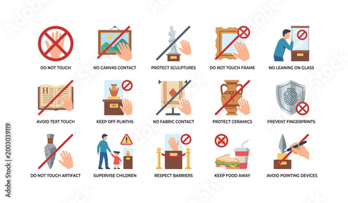 Museum no touch and handling icons for exhibit rules