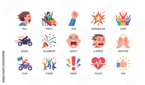 Emotion icons depicting excitement and celebration on white background
