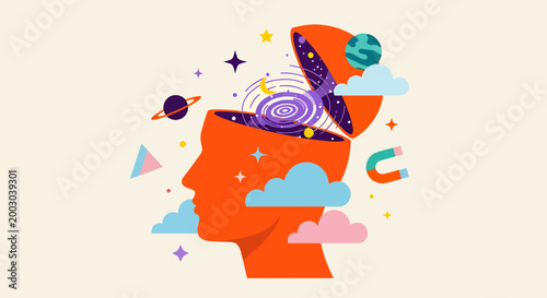 Abstract silhouette of a head filled with space themed motifs and colorful geometric elements representing imagination and creative thought.