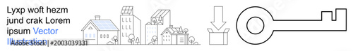 Environmental sustainability, clean energy, recycling, real estate, urban planning, green living. Outline of buildings, solar panels recycling bin and a key. Sustainability and recycling