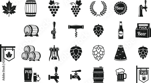 Set of Beer and Pub Icons Including Barrels, Bottles, Grapes, and Hops for Brewing, Pub, and Beverage Designs