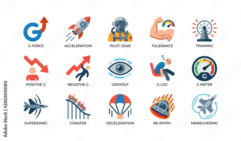 Fototapeta premium G force and flight safety icons arranged on white background