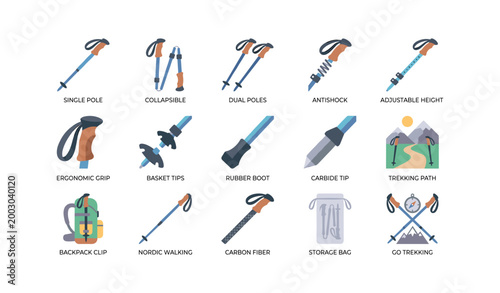 Trekking pole feature icons illustrating hiking equipment on white