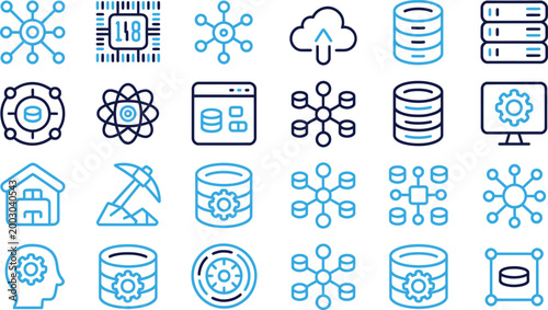 Foto Data and network icons set with database cloud and connection nodes for digital storage