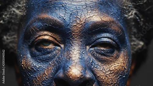 Close-Up Face Covered in Cracked Blue Paint with Metallic Gold Texture