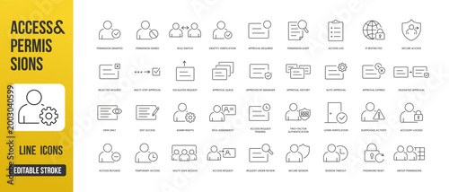 A complete set of access control, permissions, security, and approval workflow UI icons for user roles, authentication, and system processes in web and app interfaces, line style with editable stroke.