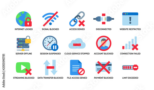 Connectivity and access restriction icons arranged on white background