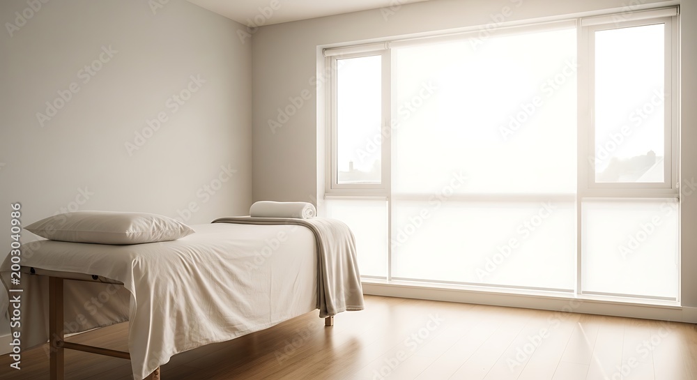 Fototapeta premium Serene Massage Room with Natural Light and Massage Table Ready for Relaxation and Wellness Treatments