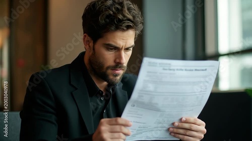 shot of handsome business brunet guy reading paper report noticed wrong income stats numbers looking for mistakes wear black blazer shirt suit sitting chair office indoors fashion editorial.