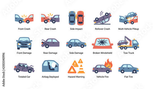 Vehicle accident icons showing crash types on white background