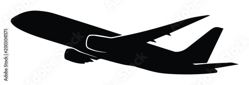 Airplane silhouette vector, black passenger plane taking off, commercial jet aircraft icon for travel and aviation logistics design