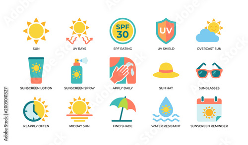 Sun safety and sunscreen icons arranged on white background