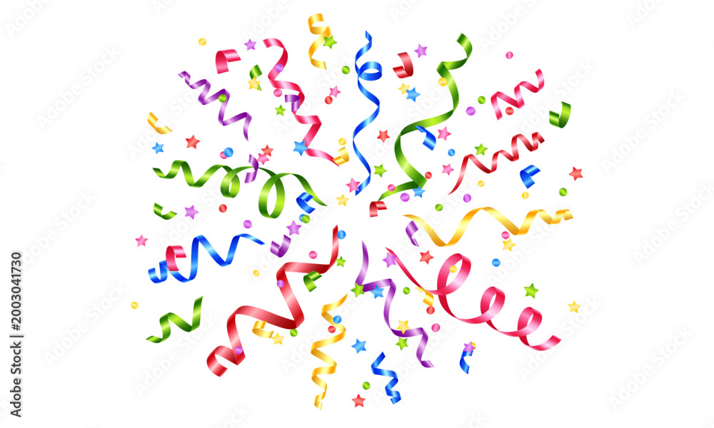 Fototapeta premium Vector colorful flying ribbons and confetti isolated on a transparent background. Festive decor elements.