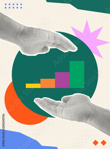 Photos Trendy Halftone Collage of two halftone hands nurturing a rising bar chart on a circle, symbolizing nurturing and managing growth, ideal for business management and investment content