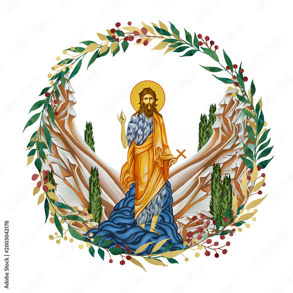 Fototapeta premium John Baptist (Saint John Forerunner, John Immerser, Prophet Yahya, John Baptizer). Decorative vintage floral wreath, illustration in Byzantine style isolated