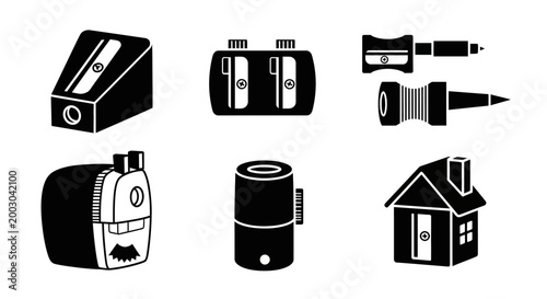 Collection of Black and White Pencil Sharpeners and House Icon