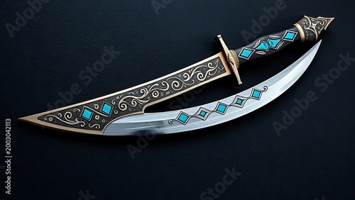 Curved dagger with intricate arabesque patterns and turquoise inlaid scabbard.