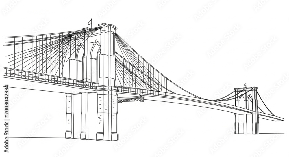 Fototapeta premium Minimalist line art illustration of suspension bridge representing urban infrastructure engineering design and iconic architectural landmark concept