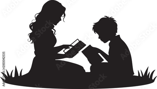 Mother reading bedtime story to her child in bed with moon and stars background silhouette illustrating nightly sleep routine.Family Learning and Education Illustration