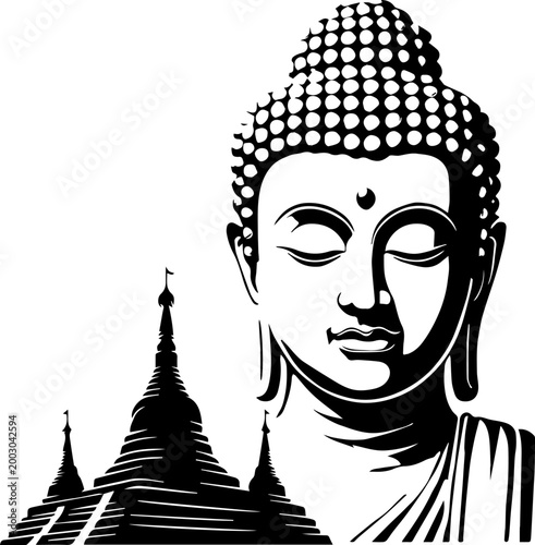 Buddha Face and Pagoda Silhouette Illustration for Meditation and Spiritual Design
