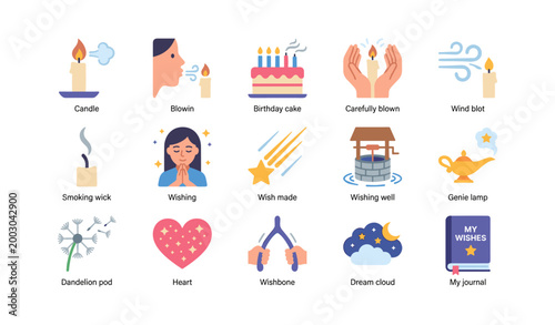 Wish and candle icons showing wish symbols on white background