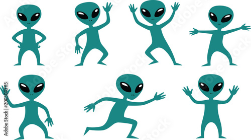 Alien Cartoon Character Vector Set Featuring Blue Green Extraterrestrial Creatures in Different Poses and Gestures for Sci Fi Illustration Animation and Fun Design Projects.