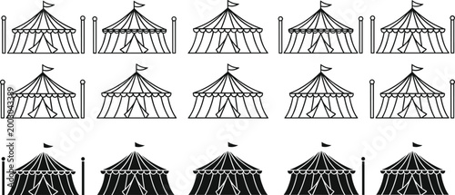 Set of Circus Tent Icons with Various Designs and Structures for Event, Festival, and Entertainment Illustrations