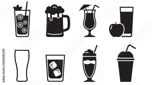 Drinkware icon set with black silhouettes of juice, beer, cocktails, and soda in simple vector style