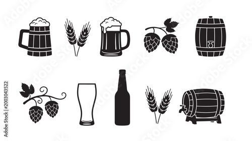 Beer brewing icons set with mug, hops, wheat, bottle, glass, foam cloud, and oak barrel elements featuring hop cones, barley, malt with grain and