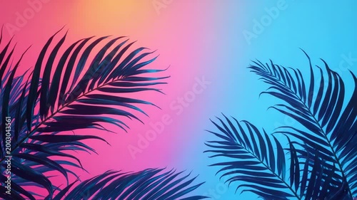 Tropical and palm leaves in vibrant bold gradient holographic neon colors. Concept art. Minimal surrealism summer background..