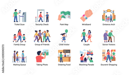 Park visitor icons illustrating entry services and activities