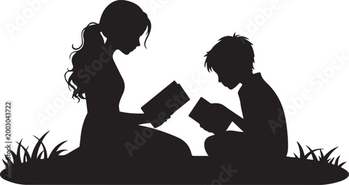 Mother reading bedtime story to her child in bed with moon and stars background silhouette illustrating nightly sleep routine.Family Learning and Education Illustration